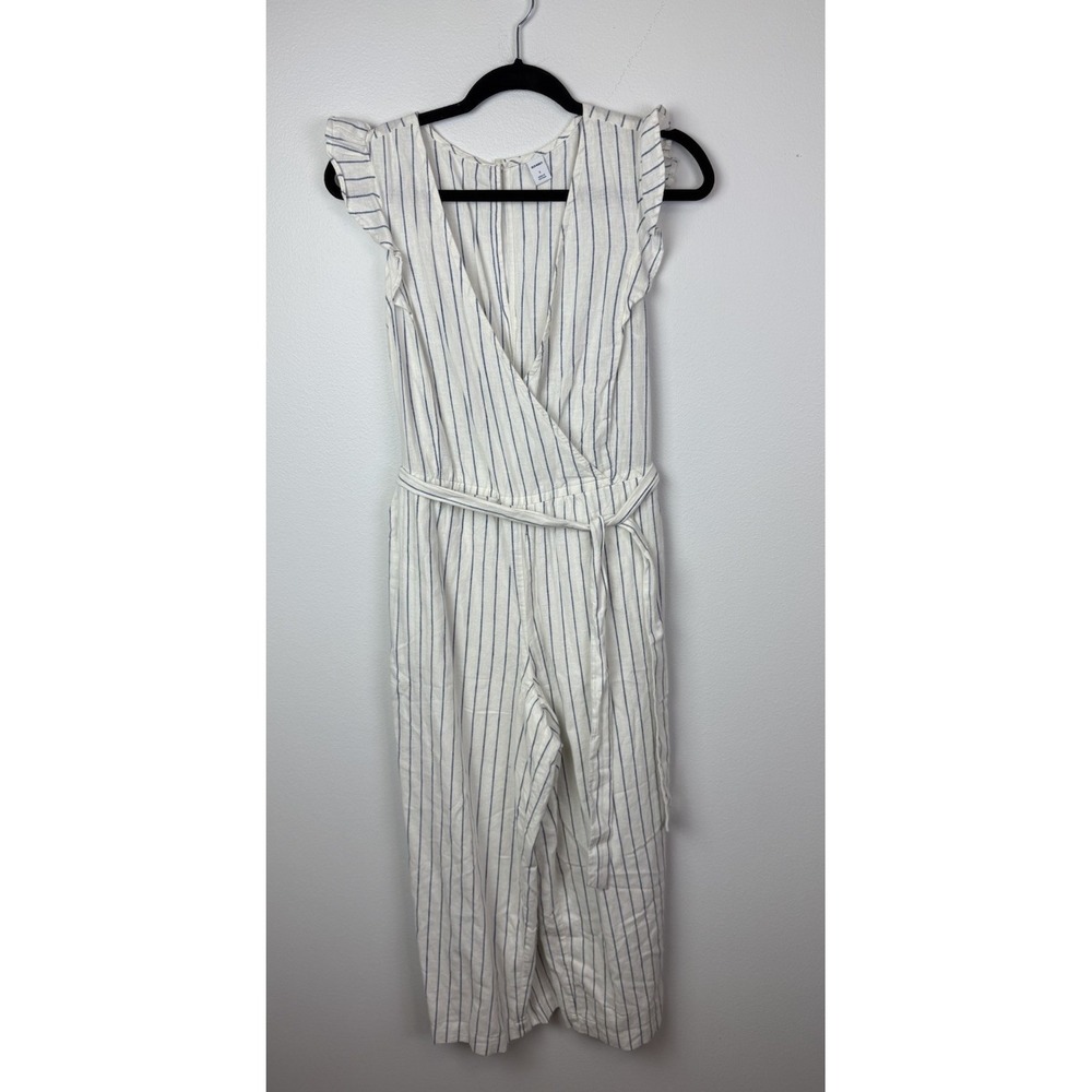 Old Navy S Linen Blend Sleeveless‎ Striped Jumpsuit Off White V Neck Tie Waist